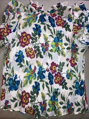 Ashley Stewart White Floral Ruffle Blouse with Blue, Green & Pink Flowers